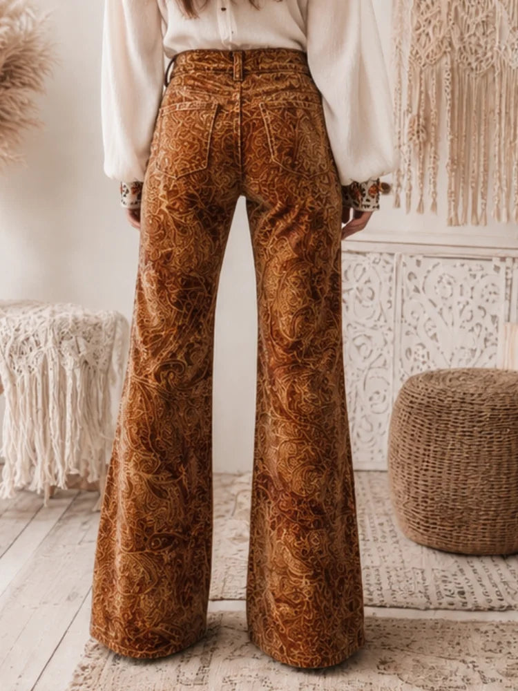 Vintage Velvet Paisley High-Waist Bell Bottom Slacks
