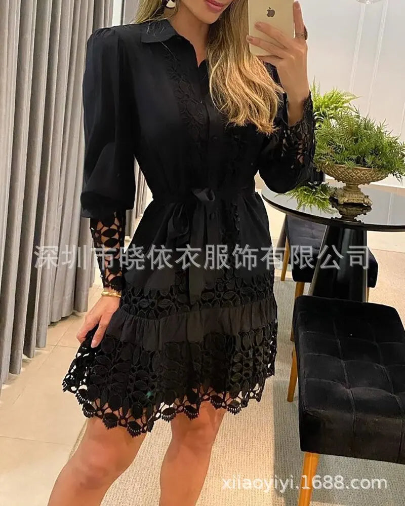 Spring Summer Lace Hollowed Out Patchwork Shirt Women's Dress Sexy Elegant Female 2 Piece Suit With Inner Strap Anti Slip Dress black Bazaare Mart