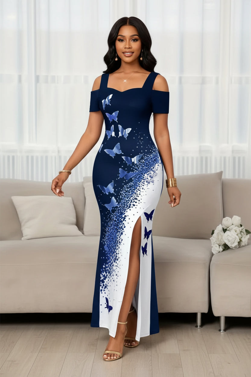 Summer Long Dress Elegant Fashionable Slim-fitting Printed Commuting Style V-neck Off-shoulder Slit Mid-waist Sleeveless Dresses Bazaare Mart