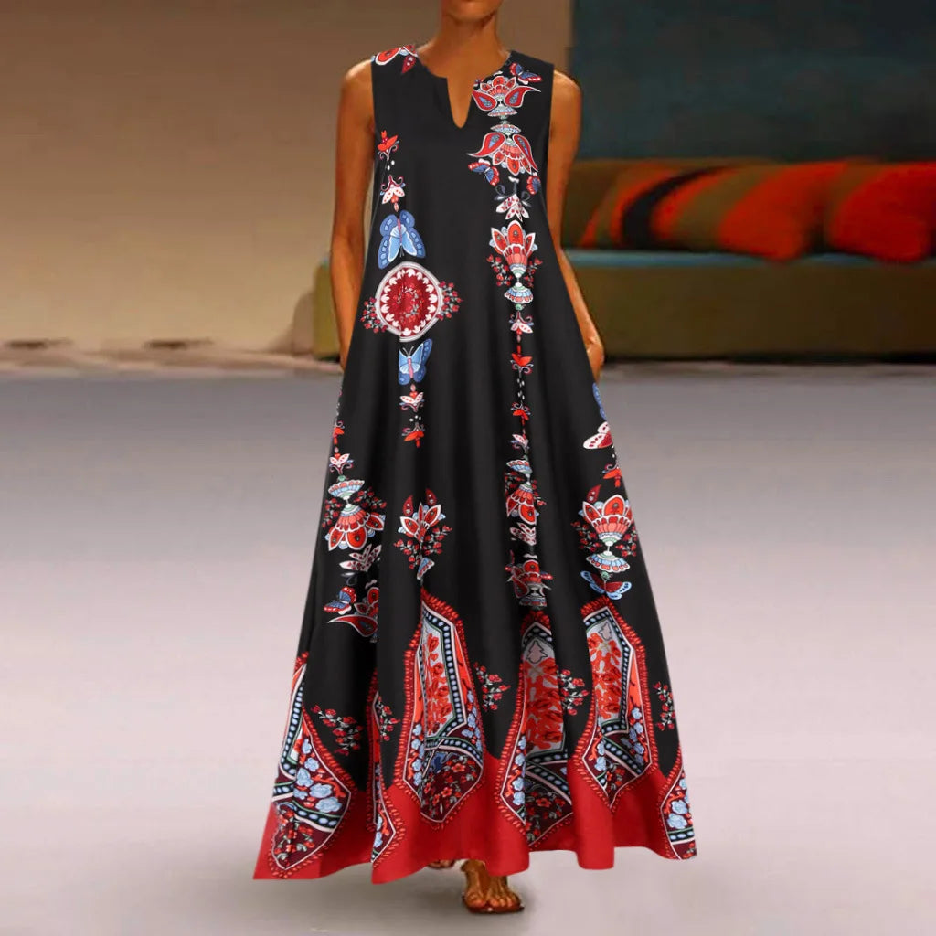 Women's Retro Boho Maxi Dress – Sleeveless V-Neck Summer Beach Dress with Pockets Bazaare Mart Maxi Sundress