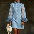 Light Blue Denim Mini Dress – Sheer Mesh Sleeves &amp; 3D Rose Cuffs