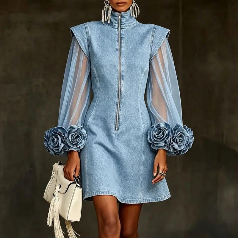 Light Blue Denim Mini Dress – Sheer Mesh Sleeves &amp; 3D Rose Cuffs