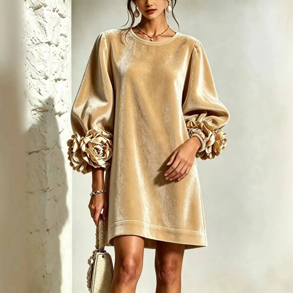 Velvet Mini Dress – Elegant Puff Sleeves with 3D Floral Cuffs