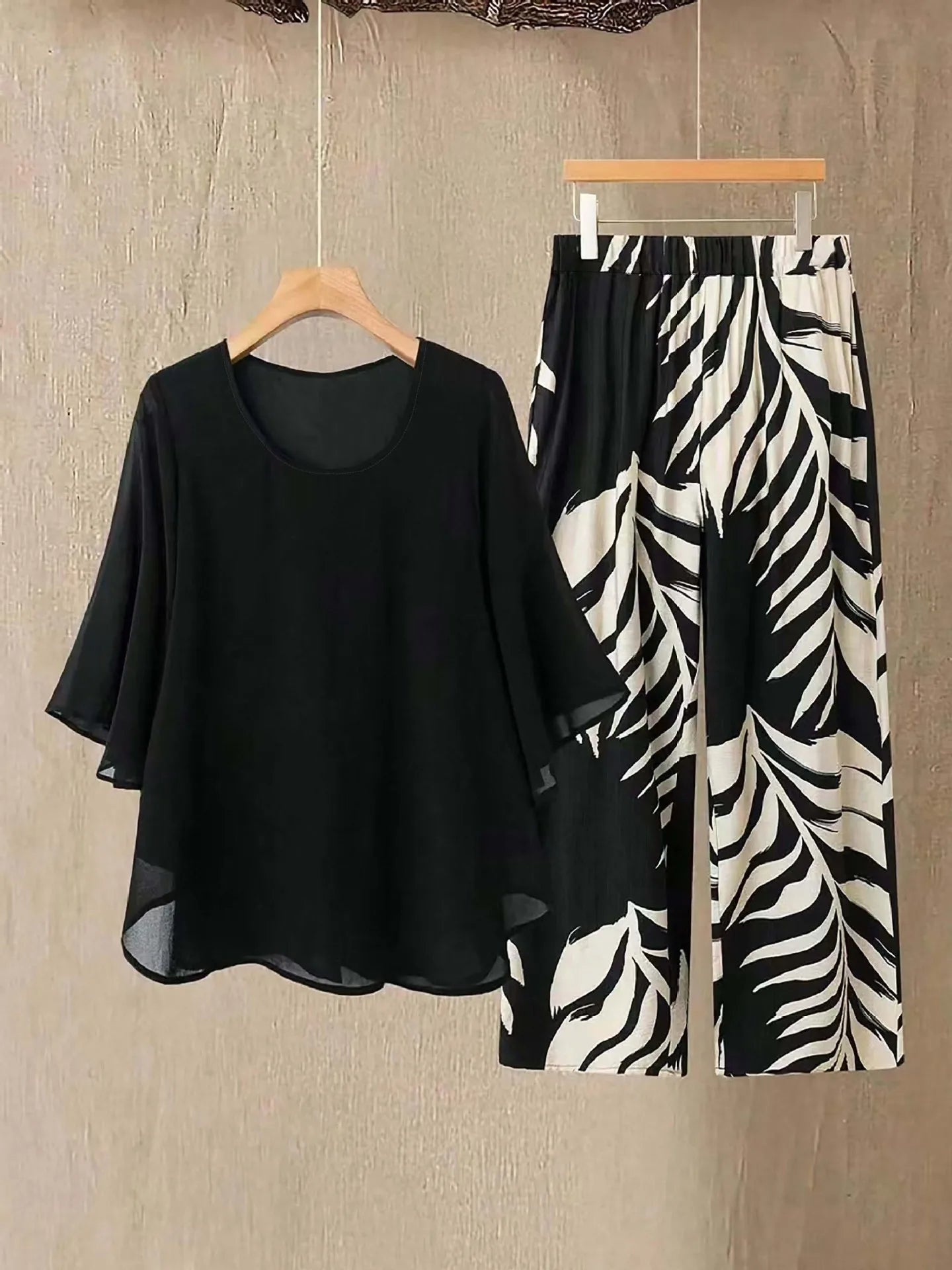 Women's Chiffon Overlay Top & Tropical Leaf Print Wide Leg Pants 2 Piece Set | Elegant Summer Resort Outfit Bazaare Mart 2 pc. Pants Outfit