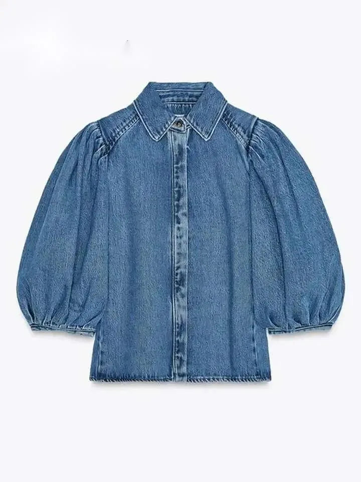 Denim Puff Sleeve Shirt & Wide Leg Jeans