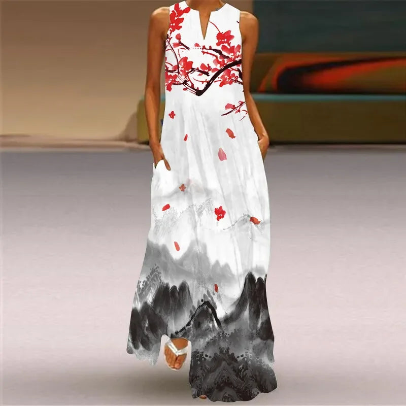 Women's Sleeveless Floral Maxi Dress with Pockets – Casual V-Neck Summer Beach Dress Chinese Cherry Blossoms China Mainland Bazaare Mart Floral Maxi Dresses