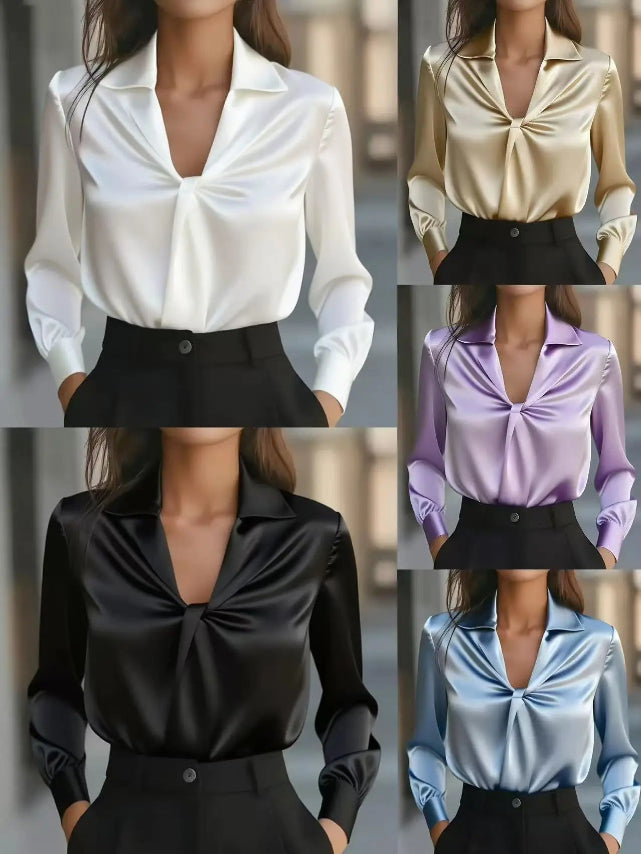 Satin Solid Color Satin V-Neck Long-Sleeved Blouse Bazaare Mart Long Sleeve Blouse