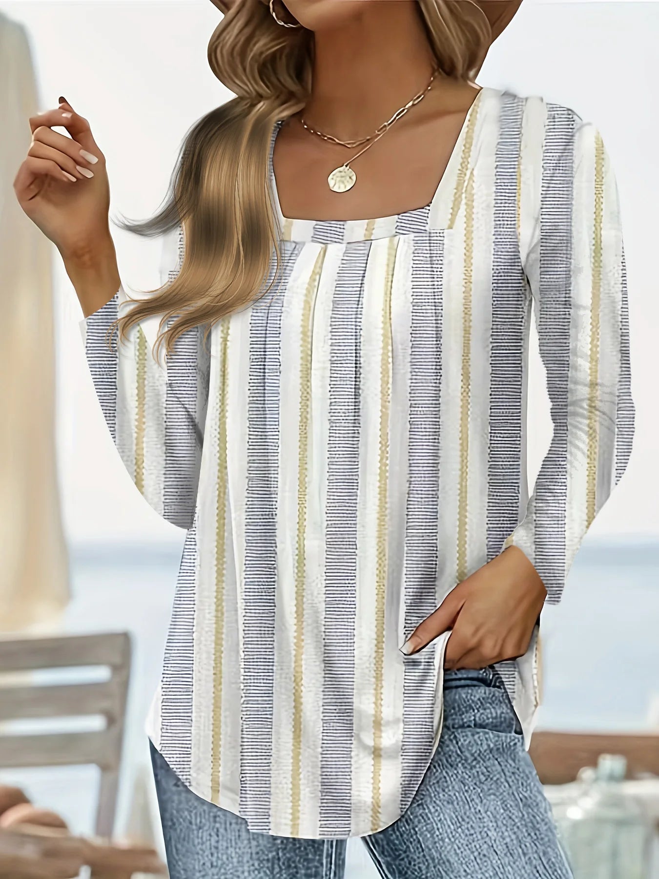 Women's Square Neck Printed Long Sleeve Blouses