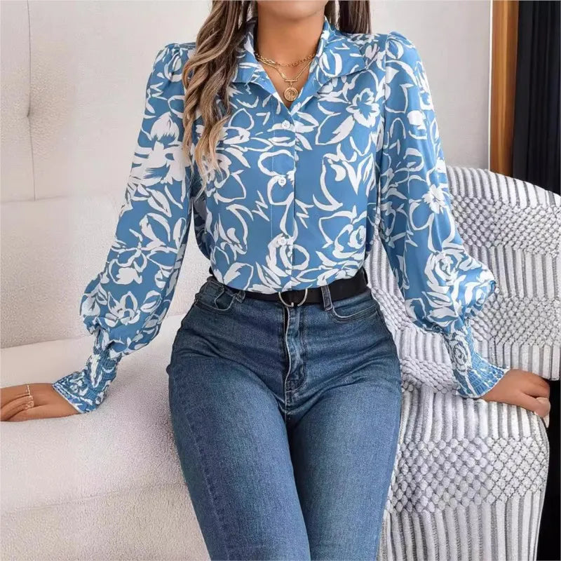 Floral Long Lantern Sleeve Flip Collar Blouse
