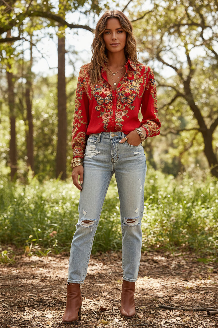 A close-up of a woman wearing a vibrant red long-sleeve button-up shirt with an intricate multicolor butterfly and floral baroque print, paired with distressed light-wash denim jeans.