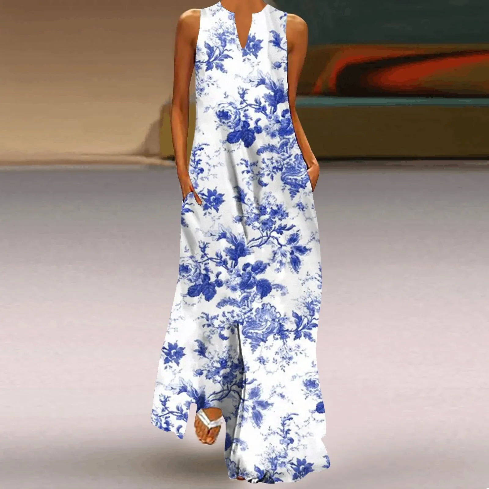 Women's Sleeveless Floral Maxi Dress with Pockets – Casual V-Neck Summer Beach Dress Navy Floral China Mainland Bazaare Mart Floral Maxi Dresses