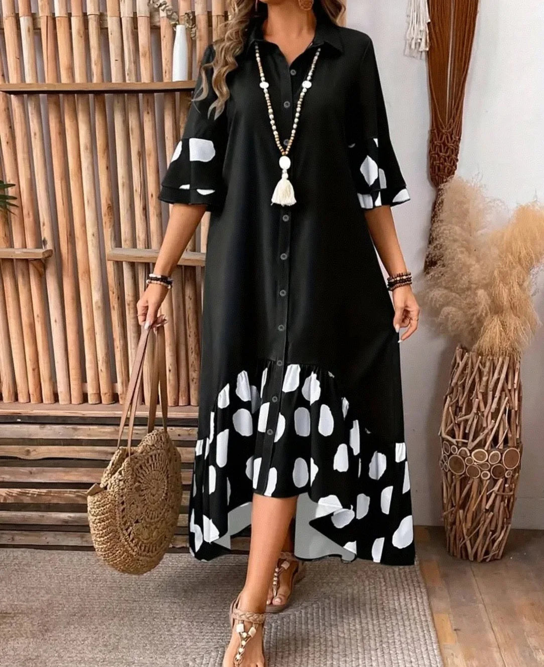 Women's Polka Dot Shirt Dress – Button Front Midi Dress with Flare Sleeves Bazaare Mart Half Sleeve Midi Shirt Dress