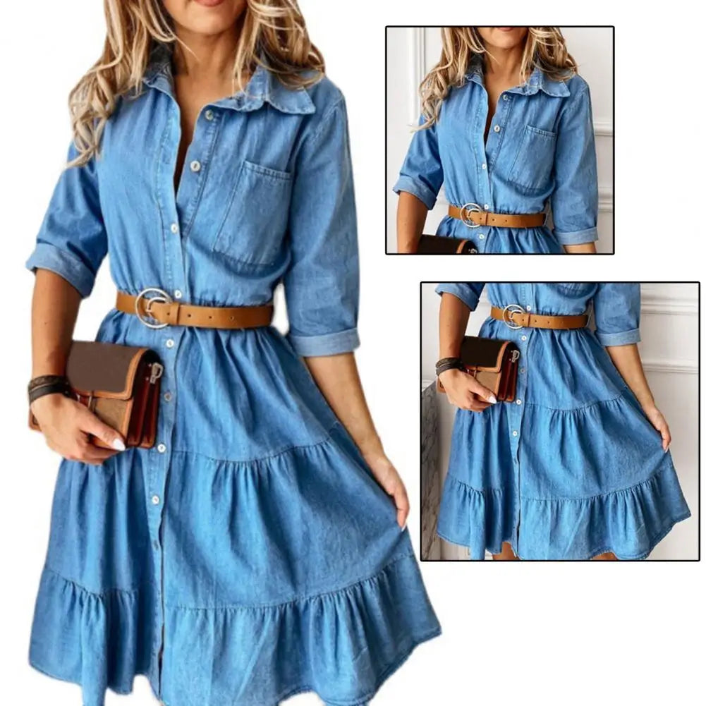 Blue Denim Shirt Dress – Tiered Ruffle Skirt & Three-Quarter Sleeves