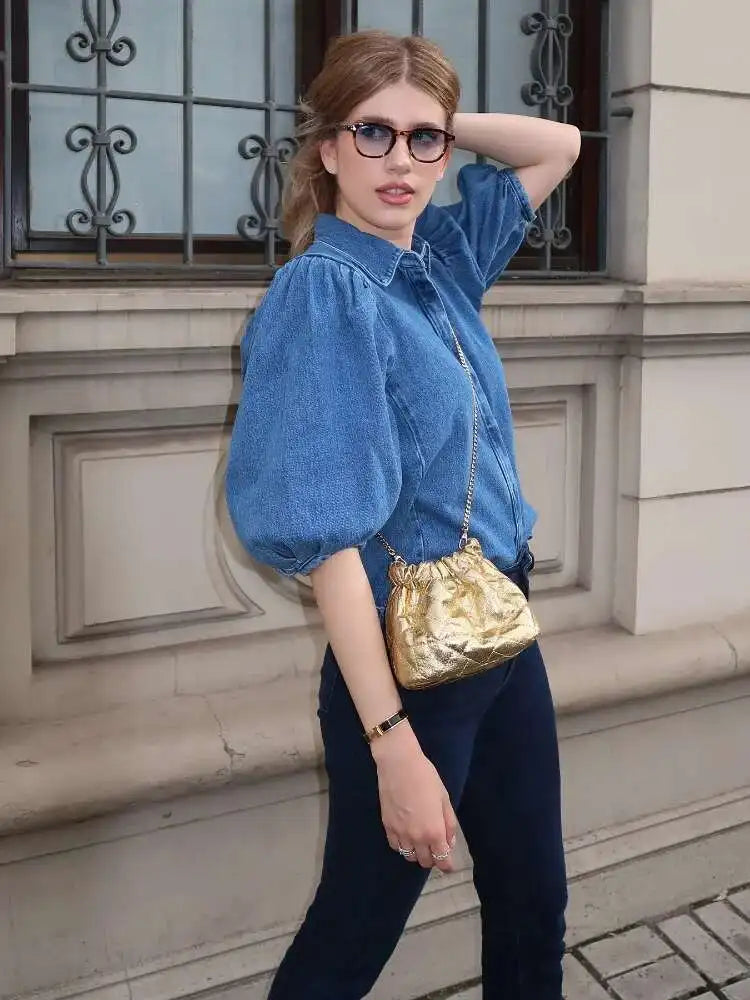 Denim Puff Sleeve Shirt & Wide Leg Jeans