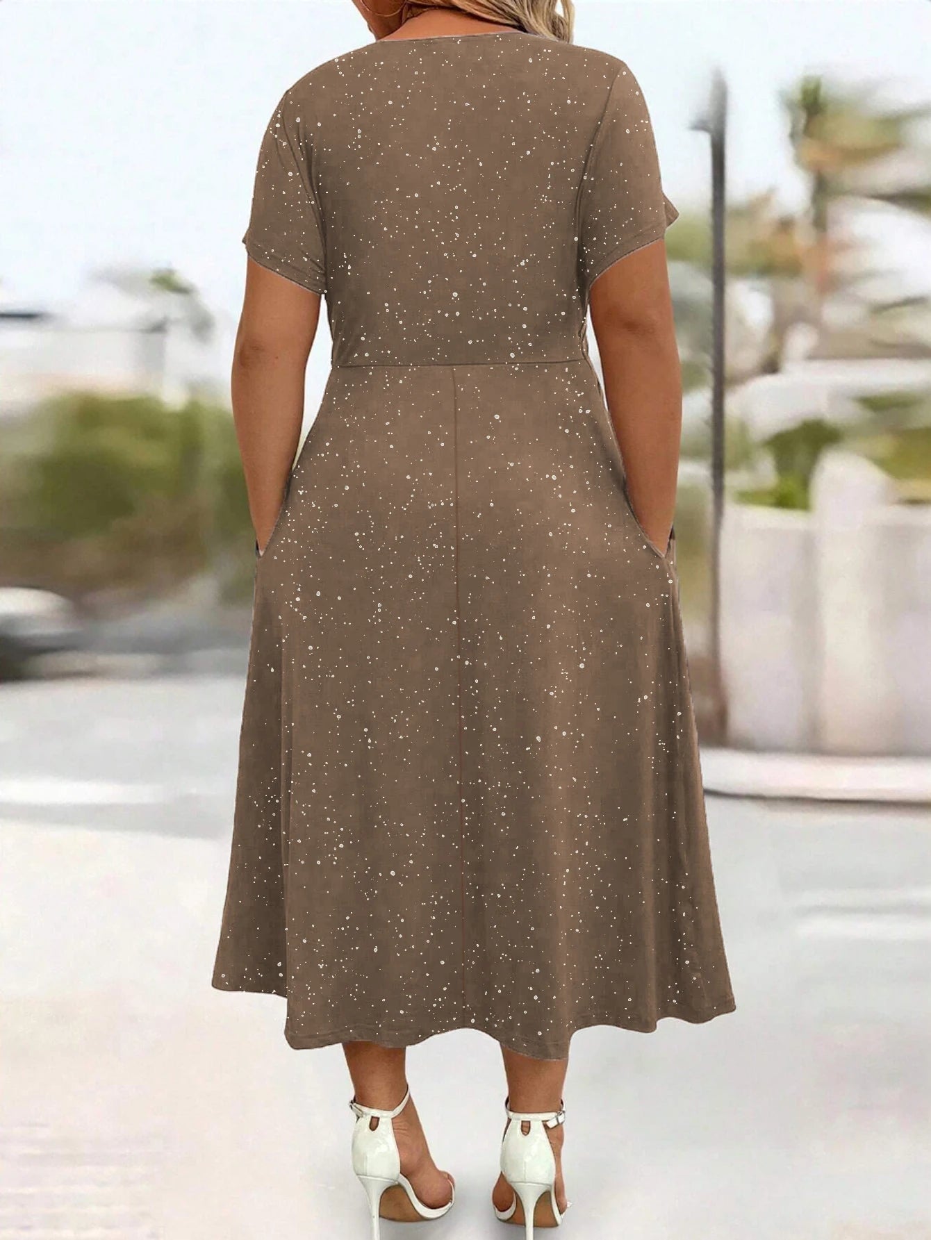 Powder Sprinkled Twisted Knot with Pockets V-neck Dress Bazaare Mart Plus Size Short Sleeve Midi Dress