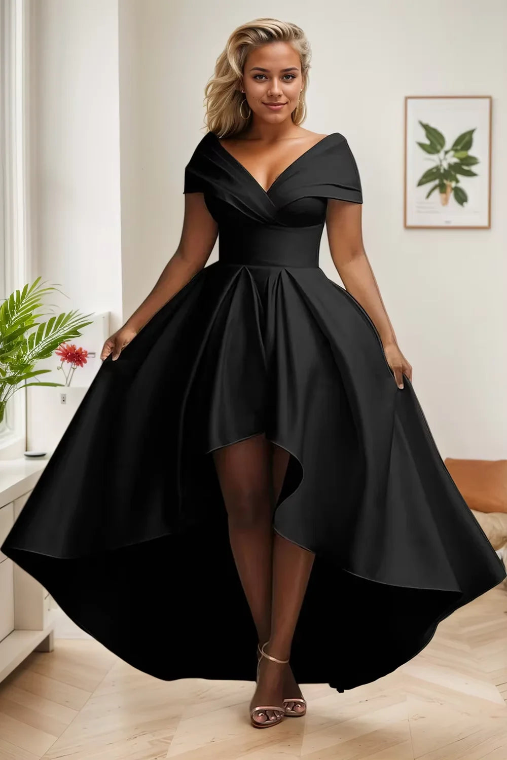 Elegant Black High Low Off Shoulder Evening Dress
