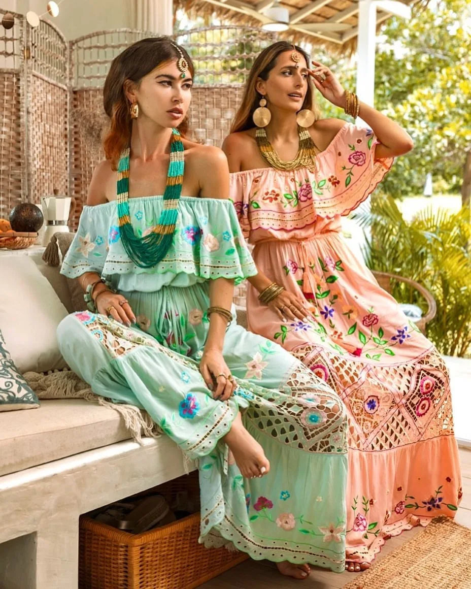Off-shoulder Long Ruffled Peasant Dress
