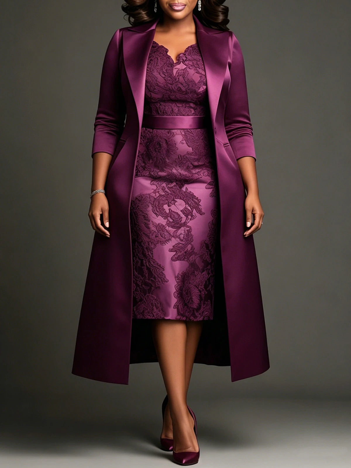 Plus Size Plum Satin Lace Midi Dress & Long Coat Set