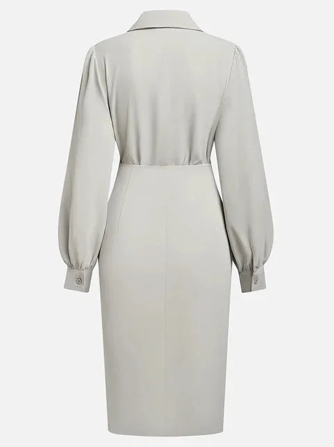 Fashionable Collared V-neck Solid Color Long-sleeved Bodycon Midi Dress