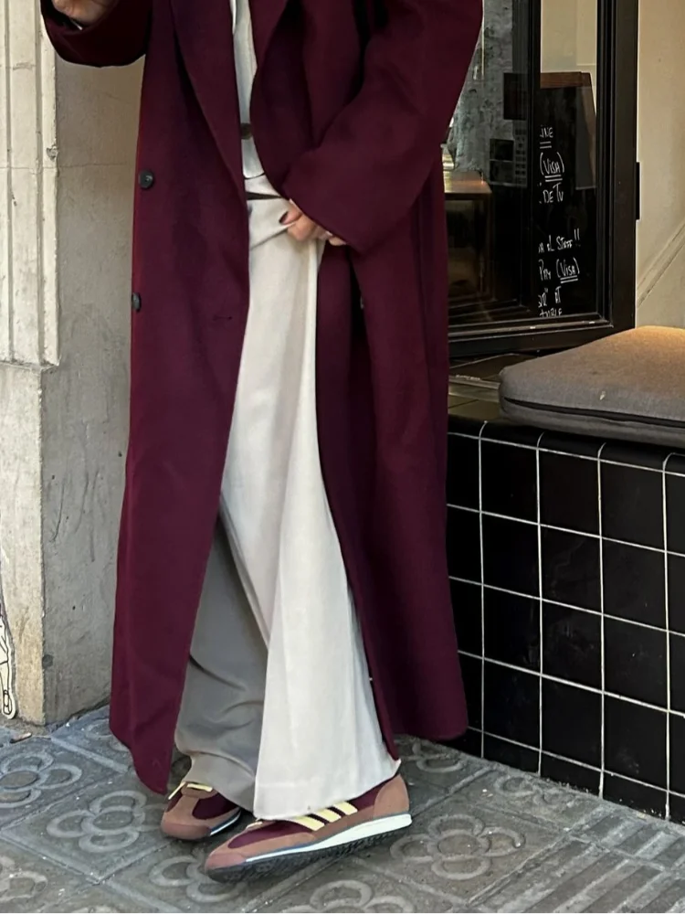 Burgundy Double Breasted Long Wool Overcoat