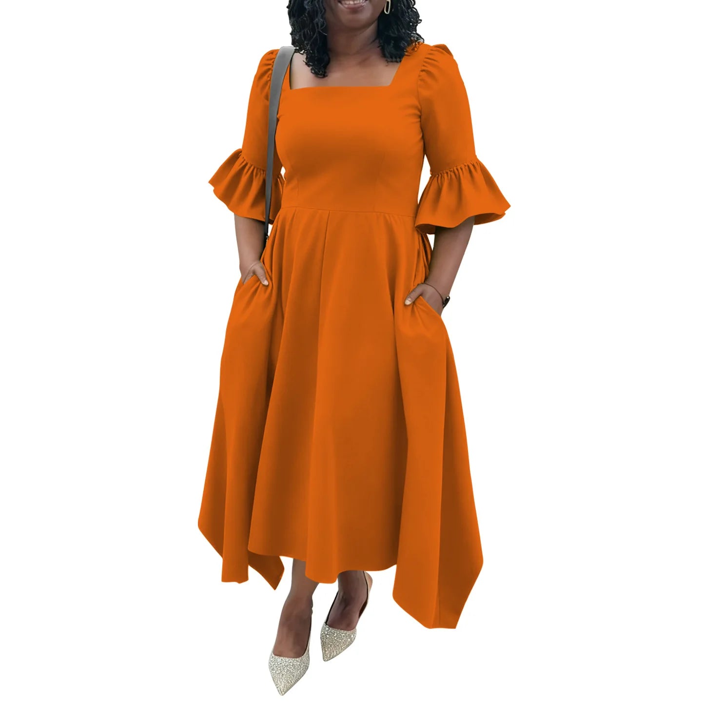 Ruffle Sleeve Square Neck Midi Dress Orange Bazaare Mart Plus Size Half Sleeve Midi Dress