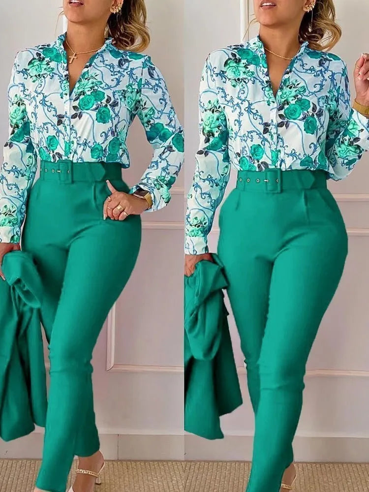Print Long Sleeve Shirt Matching Pants Sets With Belt