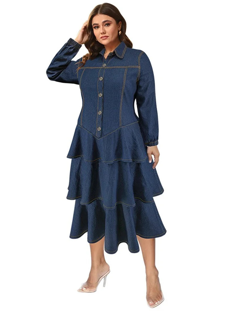 Blue Denim Tiered Ruffle Midi Dress