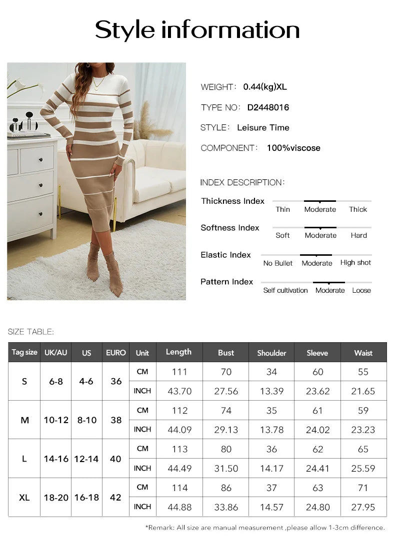 Long Sleeve Slim Fit Striped Contrasting Midi Dress