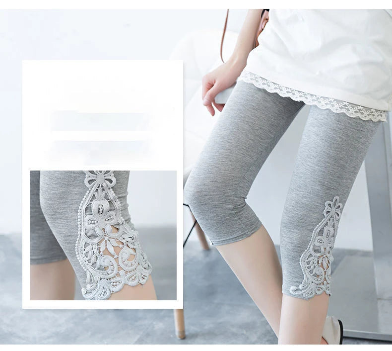 Women's Lace Trim Capri Leggings – High Waist Stretch 3/4 Length Cropped Leggings Bazaare Mart Capris Leggings