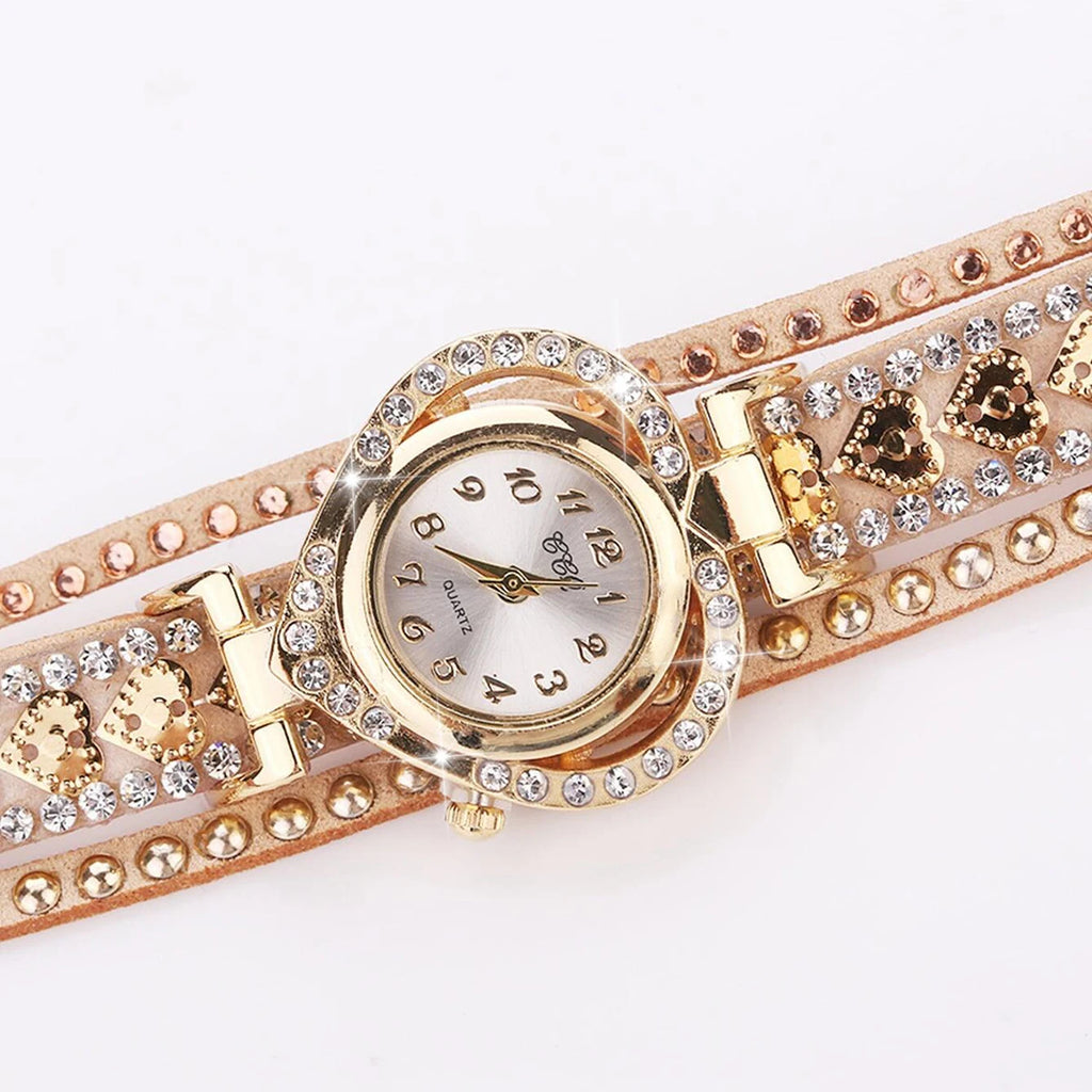 Women's Rhinestone Heart Wrap Bracelet Watch | Elegant Leather Quartz Watch Bazaare Mart Ladies Watch