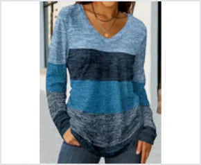 V-Neck Striped Color Block Long Sleeve Top