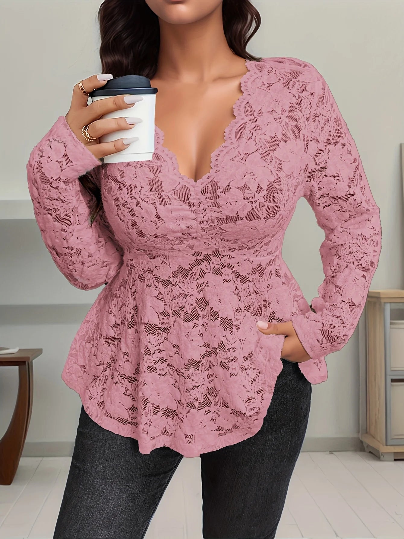 Women's Elegant Long Sleeve Lace Top – Stylish Floral Lace Blouse for Casual & Dressy Wear Pink Bazaare Mart Lace Blouse