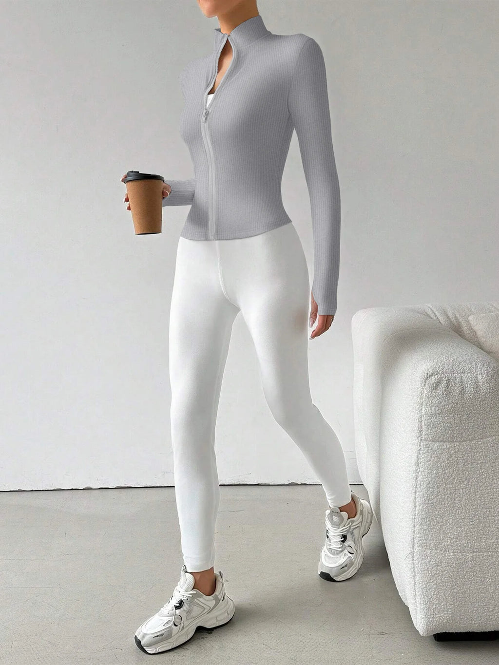 Ribbed Knit Zip-Up Crop Active Fit Jacket with Stand Collar
