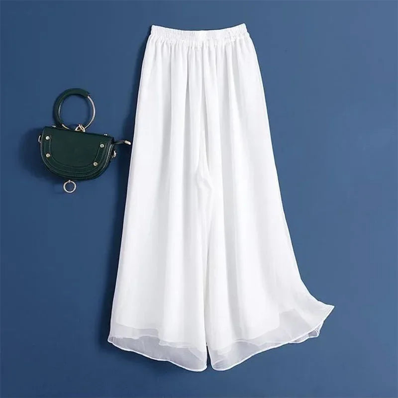 New Summer White Drape Chiffon Wide-Leg Pants Casual Chiffon Trousers Pants Women Clothing Loose High Waist Slim Skirt bd67 Bazaare Mart
