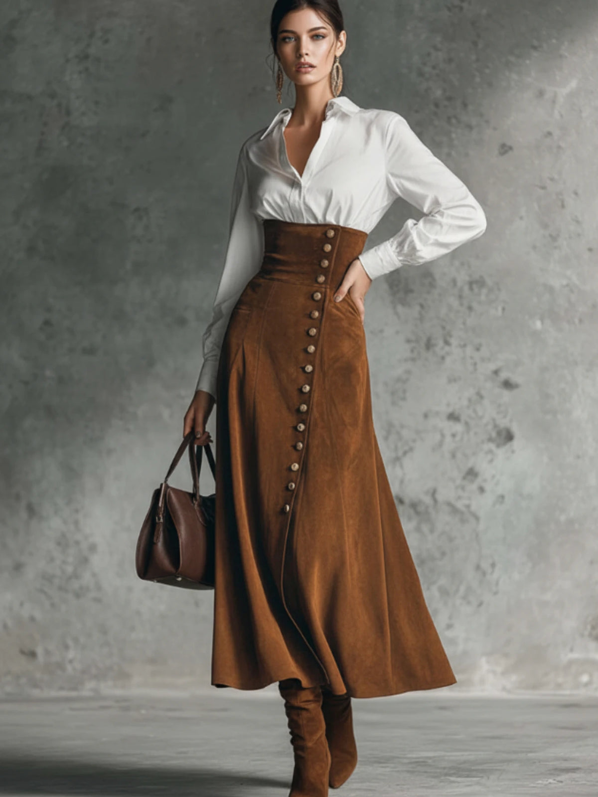 A woman models a high-waisted brown suede skirt with a button-down front, styled with a white button-up shirt, brown knee-high boots, and a brown leather handbag against a textured gray studio backdrop.