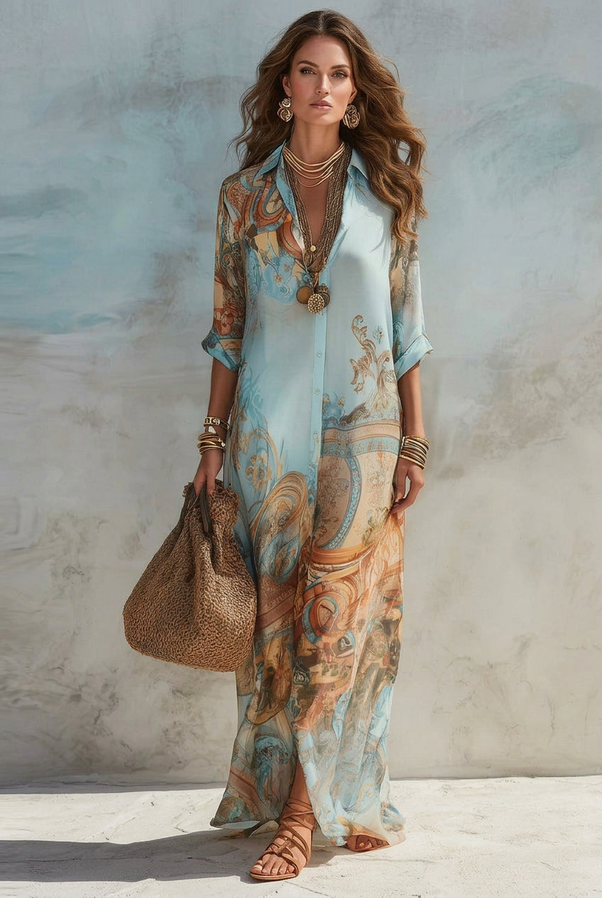 Elegant Printed Chiffon Maxi Shirt Dress