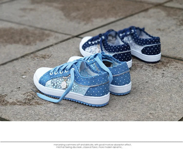 Unique Hollow Mesh Polka Dot Denim Sneakers