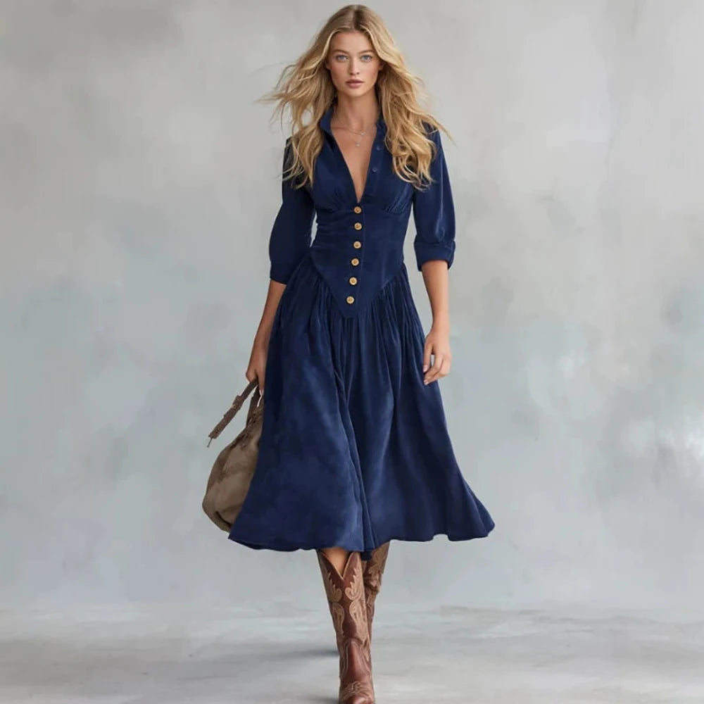 Navy Corduroy 3/4 Sleeve V-Neck Gold Button Midi Dress
