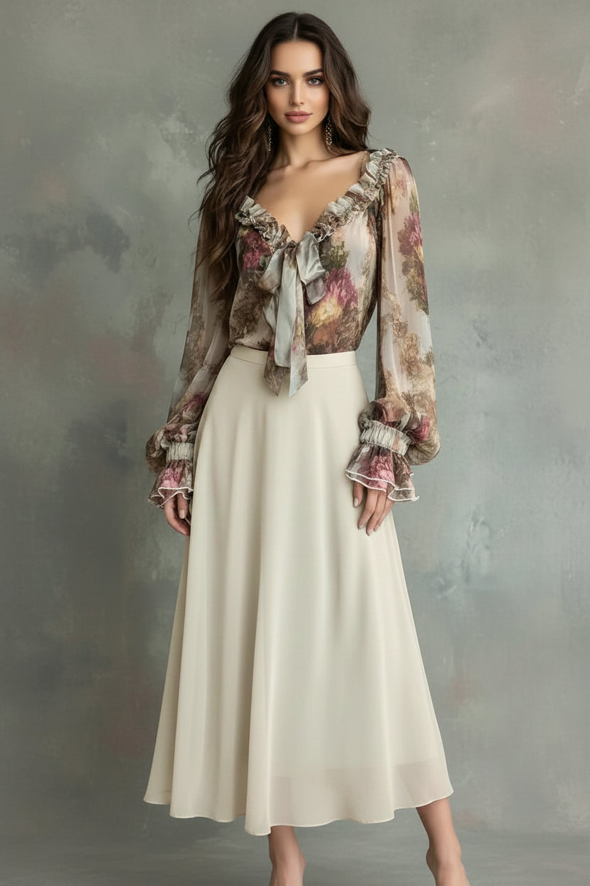 A woman wearing a long-sleeve floral blouse with ruffled trim and a tie at the neckline, paired with distressed jeans, against a textured gray studio background.