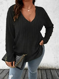 V-Neck Long Sleeve Ribbed Knit Top Black Bazaare Mart V-Neck Long Sleeve Ribbed Knit Top