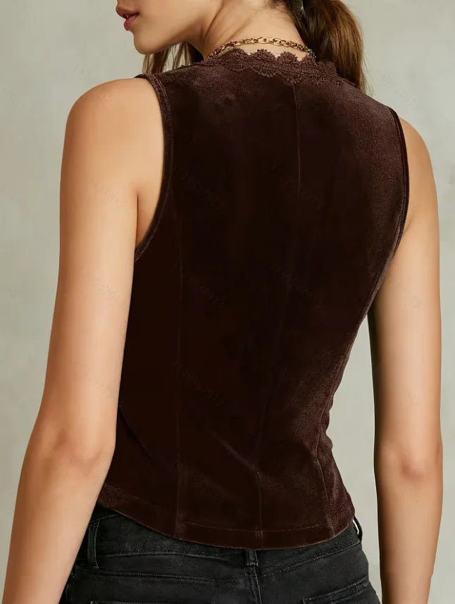 Women's V-Neck Velvet Vest with Lace Trim and Button Design