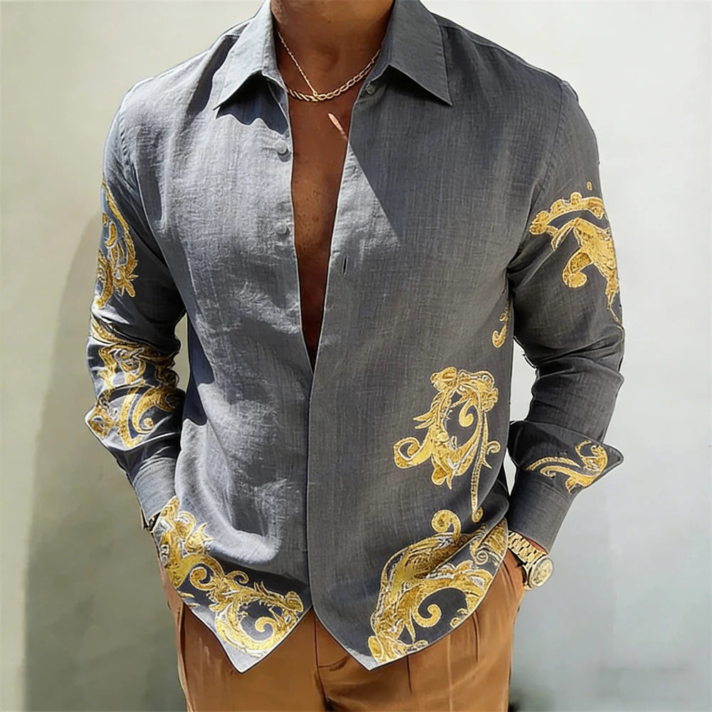 Men's Gold Baroque Print Button-Up Shirt – Long Sleeve Statement Shirt
