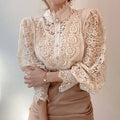 Vintage Lace Long Sleeve Pearl Button Blouse Beige Bazaare Mart Lace Blouse
