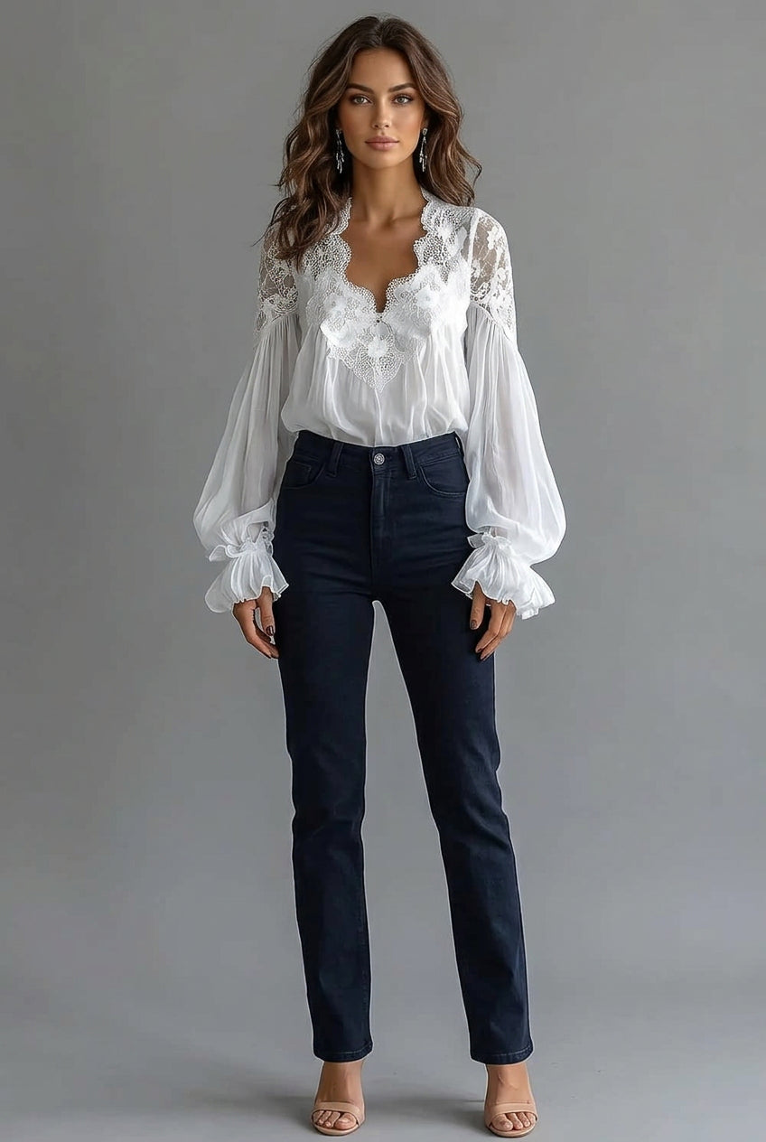 Lace-Trim V-Neck Chiffon Blouse with Long Puff Sleeves