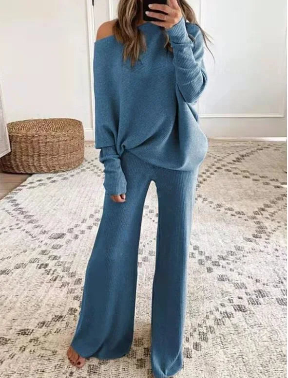 Long-Sleeve Bateau Collar Top + Wide-leg Pants Set