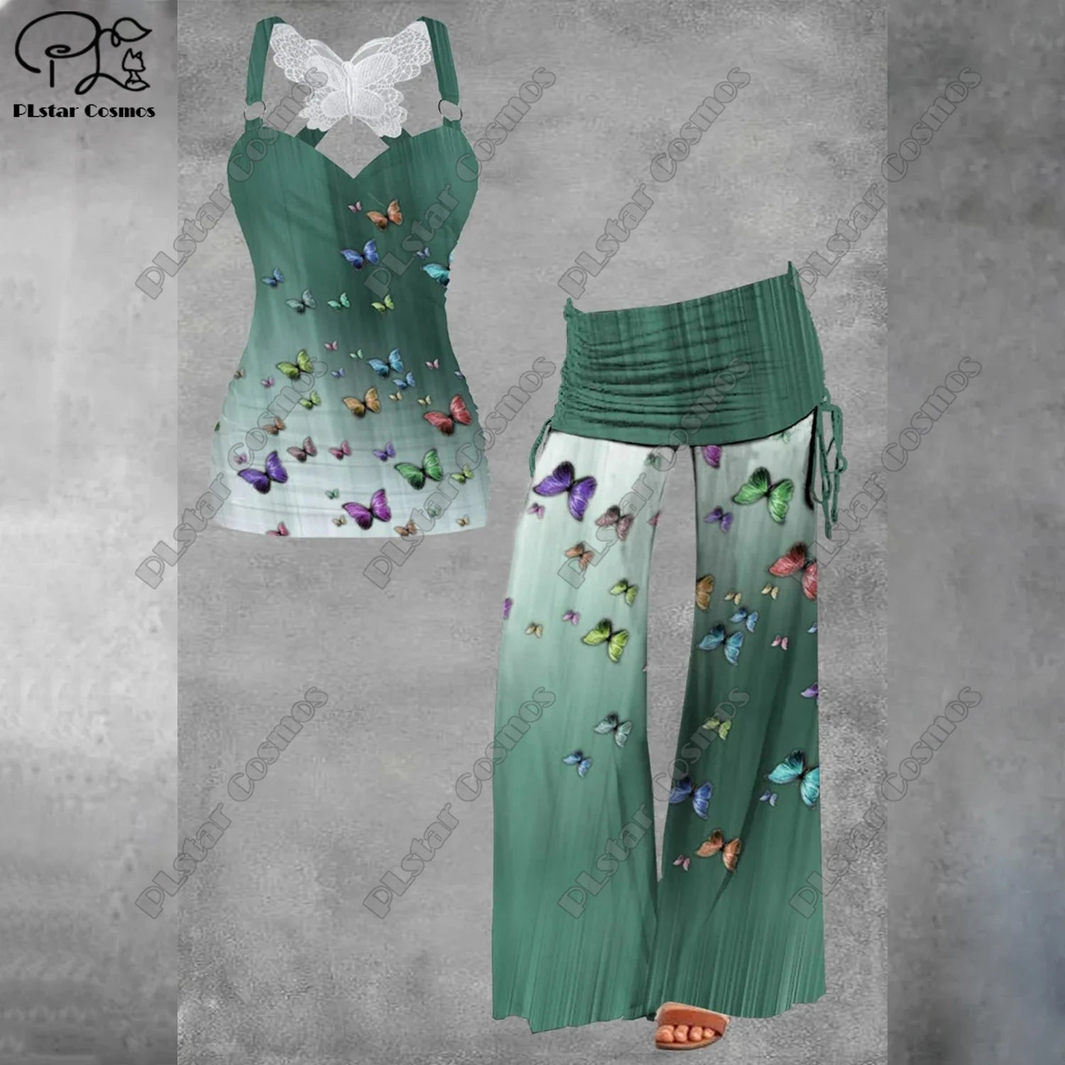 PLstar Cosmos 2023 new 3D printing women's literary rainbow butterfly vest + wide-leg pants two-piece set H1 Bazaare Mart