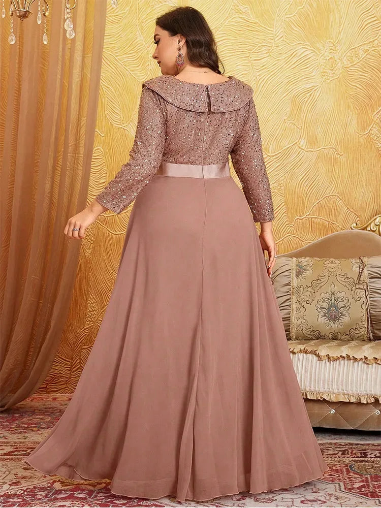 V Neck Sequined Long Sleeve Chiffon Evening Gown Bazaare Mart Long Sleeve Evening Gown