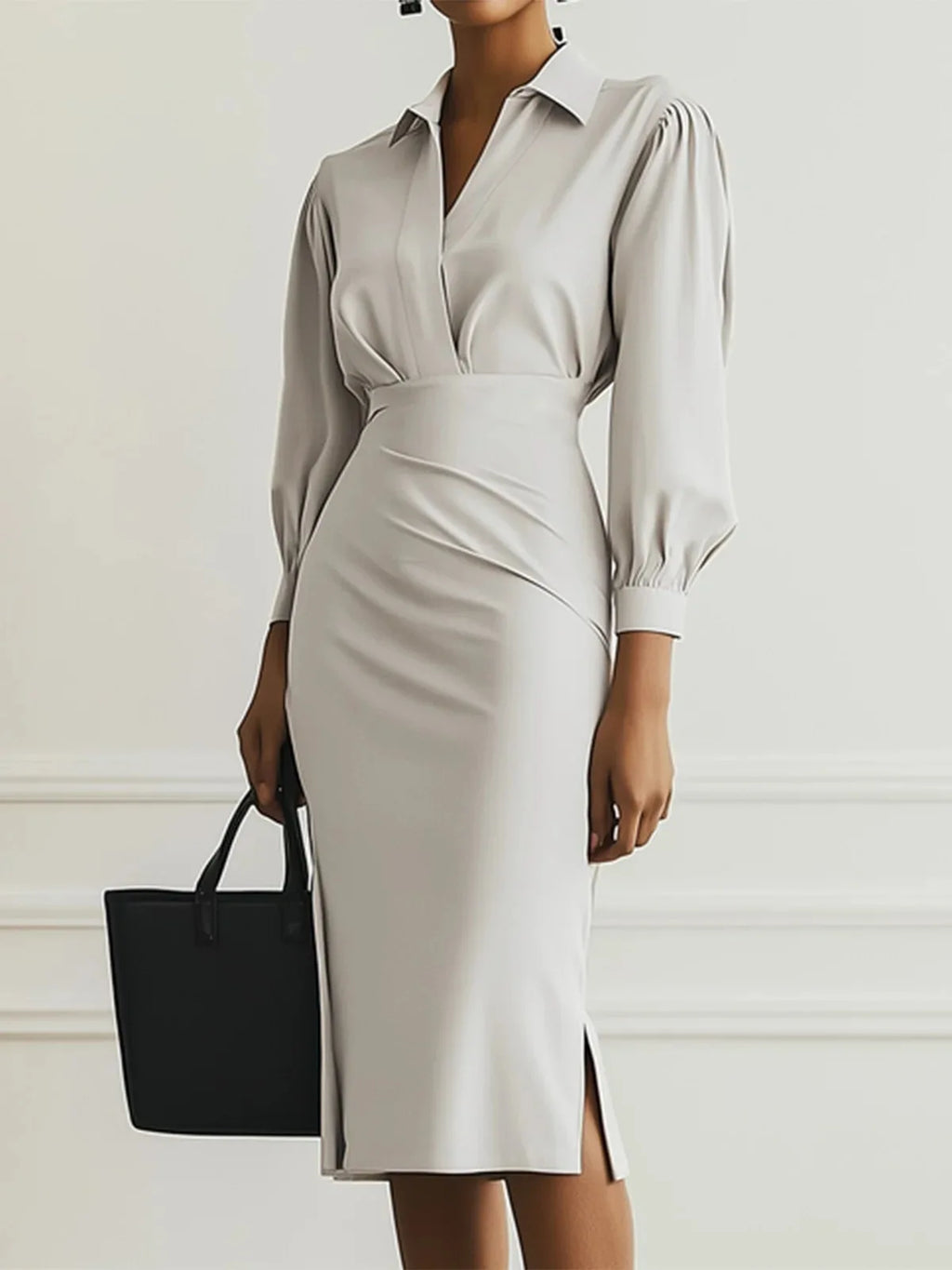 Fashionable Collared V-neck Solid Color Long-sleeved Bodycon Midi Dress