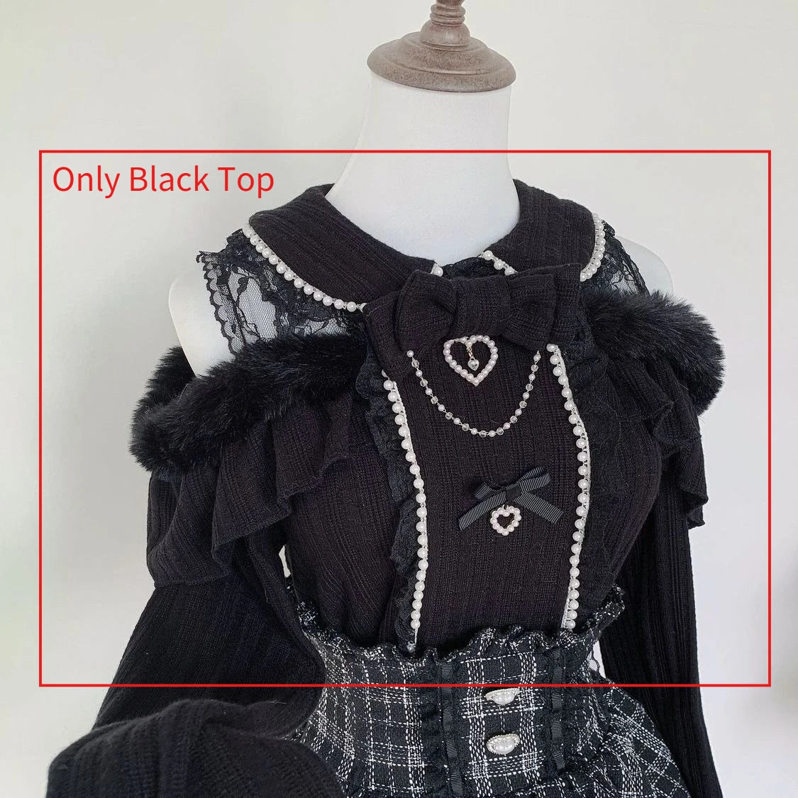 Jirai Kei Layered Skirt Outfit Lolita Y2K Pink Lace Pearl Long Sleeve Top Women Sweet Kawaii High Waist Japanese Style Xmas Set Only Black Top Bazaare Mart