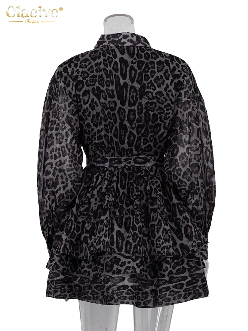 Retro Leopard Print Long Sleeve Mini Dress